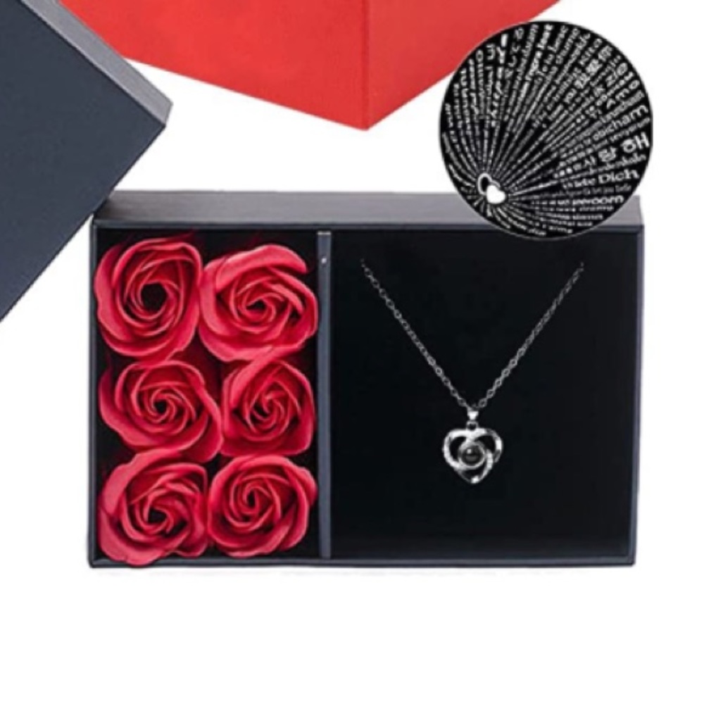 NEW! Preserved Forever Rose Gift Box With Heart Necklace Plus Rose Teddy Bear